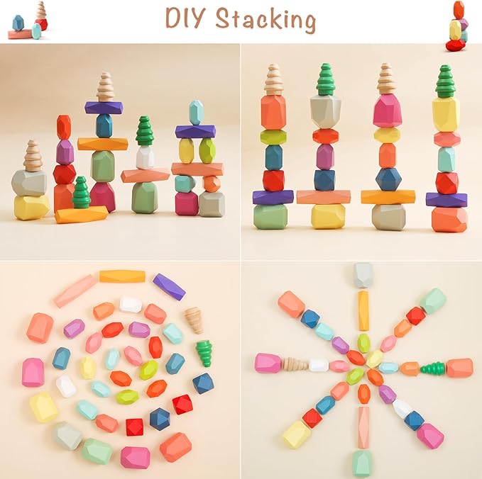 OESSUF Stacking Rocks 48Pcs Stacking Blocks Balancing Stacking Stones Wooden Building Toys Wood Stone Stacking Game for Toddler Sorting Preschool Educational Montessori Stacking Rocks for Kids