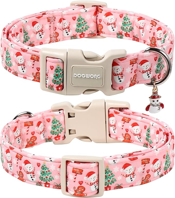 DOGWONG Christmas Dog Collar- Cute Pink Snowman Dog Collars, Adjustable Christmas Pet Collars Puppy Collar with Quick Release Buckle for Girl&Boy Dogs