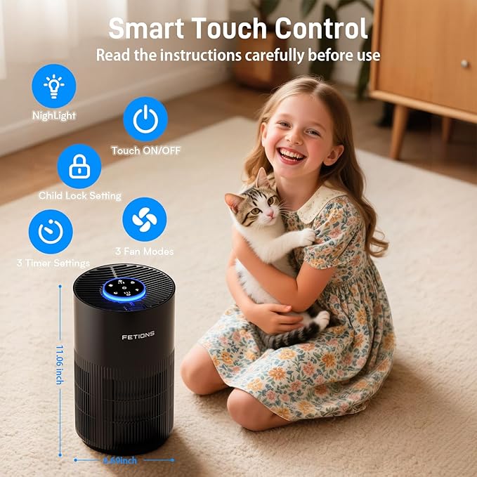 Air Purifiers for Bedroom with H14 True HEPA, Quiet Air Cleaner With Sleep Mode Night Light, Small Air Purifier Covers Up to 1200ft², 360° Air Intake, 3 Speeds, Timer, Aroma Function, Black