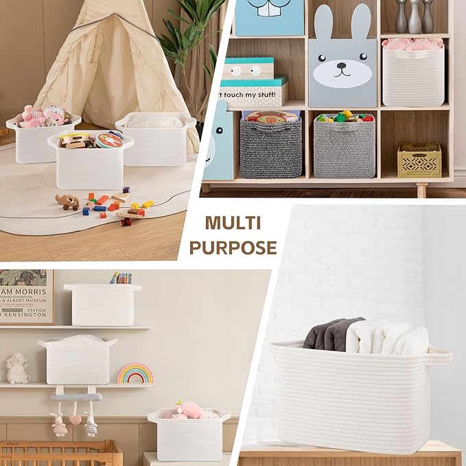 Storage Baskets for Organizing, Decorative Woven Baskets for Shelves, Cotton Rope Storage Cube Bins for Toys, Books, and Towels-13''Lx10''Wx8.6''H-3 Packs, White