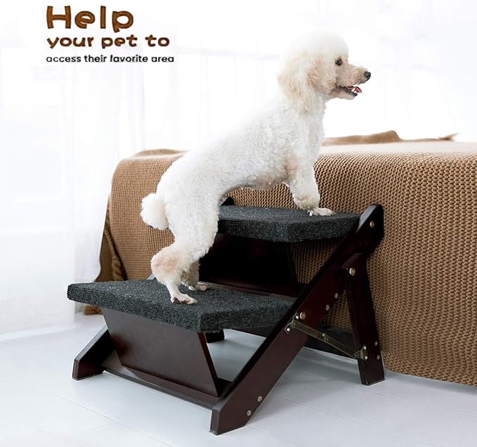 MEWANG Wooden Pet Stairs/Pet Steps - 2-in-1 Foldable Stairs & Ramp for Beds and Cars - Portable Dog/Cat Ladder Up to 110 Pounds - Great for Small and Older Animals(Brown) (17.3" L x 17.24" W x 13" H)
