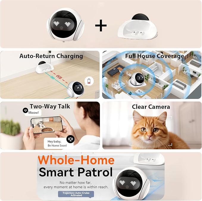 Pet Camera Robot Home Security Camera, 1080P Pet Camera, Movable Home Robot, Custom Facial Expression, Auto-Recharge, Battery-Operated, 2-Way Talk, Night Vision, APP Remote Control for Cats Dogs