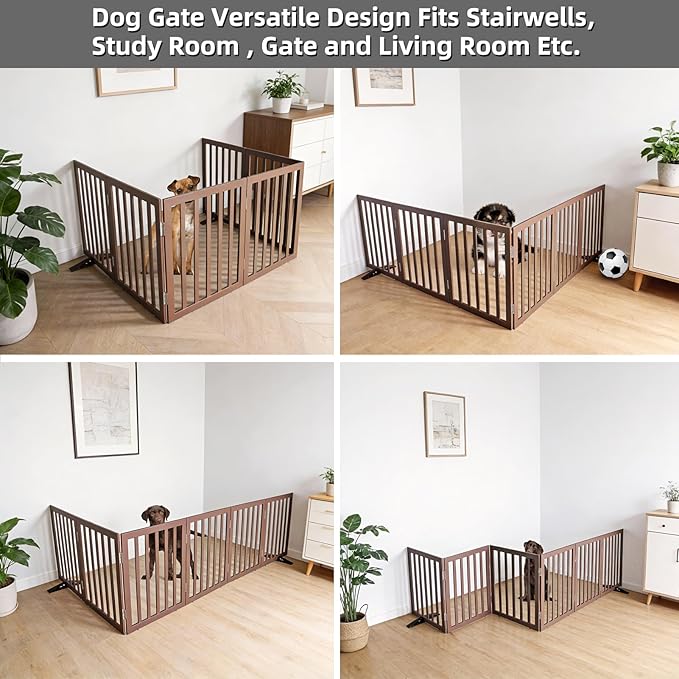 Dog Gate Indoor, Freestanding Dog Fence for The House, Doorways, Hallways,or Stairs,Pet Gate Foldable Wooden,Expandable 32" Height 6 Panels,Brown