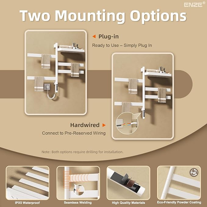 ENZE Smart Rotating Heated Towel Rack for Bathroom, Wall-Mounted Electric Towel Dryer with Swivel Bars & Shelf, Smart Timer, Low Carbon Steel, Plug-in/Hardwired, Towel Warmer with Wi-Fi App Control