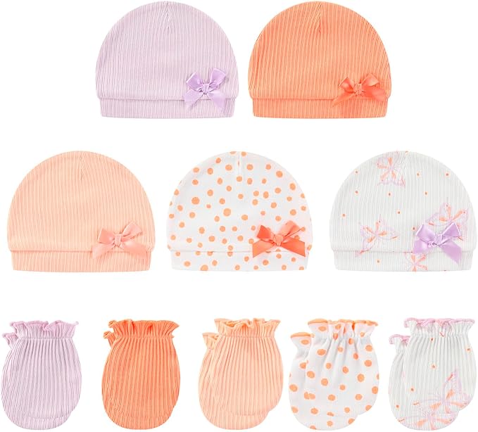 Baby Hat and Mittens Set Cotton Newborn Baby Hats Caps for Boys and Girls, 0-6 Months