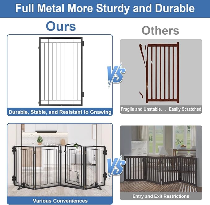 Full Metal Freestanding Dog Gate with Cat Door for Indoor & Outdoor,32" Tall Foldable Dog Fence,80" Extra Wide Freestanding Pet Gate for Large Openings,Stairs,Deck,Yard,Doorways(4 Panels,Black)