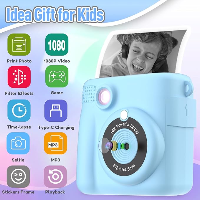 Kids Camera Instant Print, Christmas Birthday Gifts for Kids Age 3-12, Selfie Digital Camera with 1080P Videos,Toddler Portable Travel Cameras Toy for 4 5 6 7 8 9 Year Old Boys Girls-Blue
