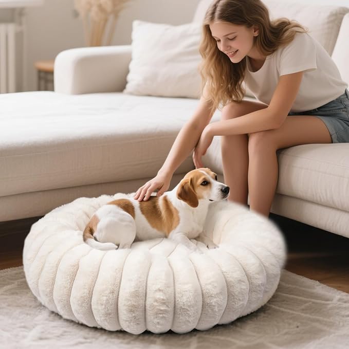 Donut Dog and Cat Bed, Luxurious Comfortable Faux Rabbit Fur Pet Beds, Soft Anti-Anxiety Calming Puppy Kitten Bed with Anti-Slip Bottom for Small Dogs & Cats(20", White)