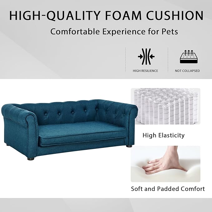 Elevated Rectangle Dog Sofa for Small & Medium Dogs - Comfortable Linen Fabric Dog Bed with Button Tufted Back, Durable Modern and Stylish Pet Bed for Living Room, Bedroom (Blue)