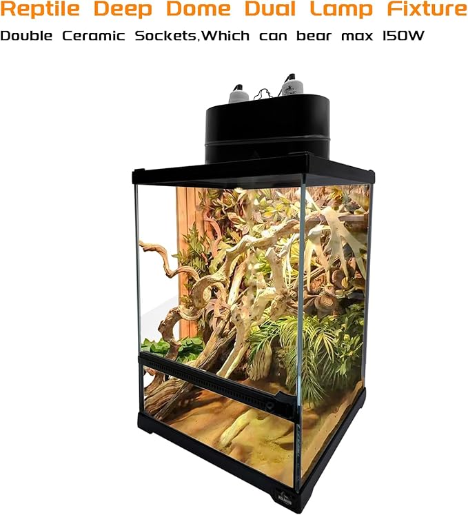Dual Reptile Light Fixture Deep Dome,Max 150W,UV Lamp Fixture Dual Lamp Cap for Reptiles Terrarium with Two Independent Switches Heat Lighting Lamp Kit.