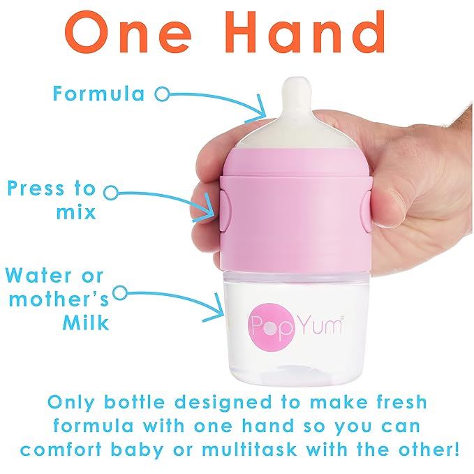 PopYum 5 oz Pink Anti-Colic Formula Making/Mixing/Dispenser Baby Bottles, 2-Pack with #1 Slow Flow Nipples, 150 ml, BPA-Free, Natural Latch