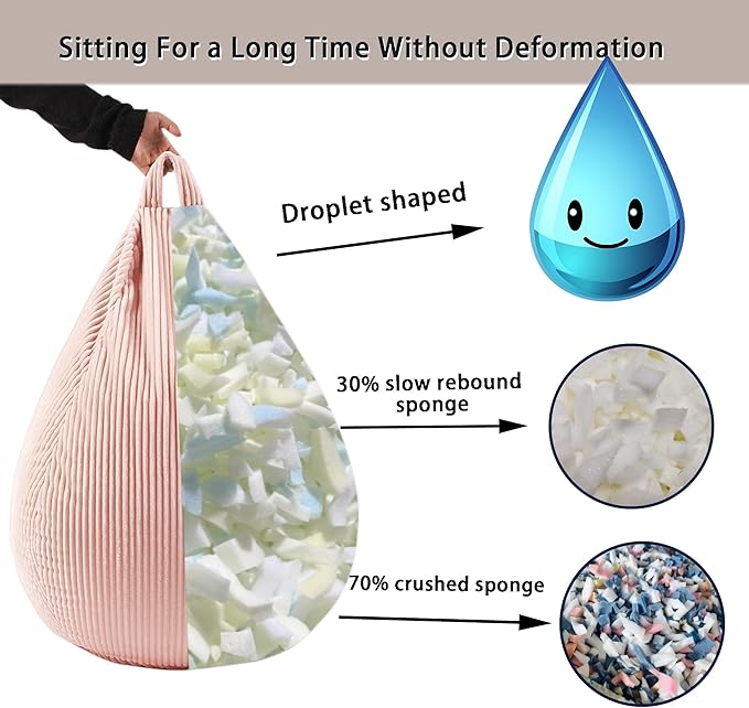 LPMOERA Bean Bag Chairs for Kids/Teen with Memory Foam Filling Bean Bag Sofa with Soft Corduroy Fabric BeanBag Chair for Living Room Bedroom College Dorm Reading Chair Light Pink