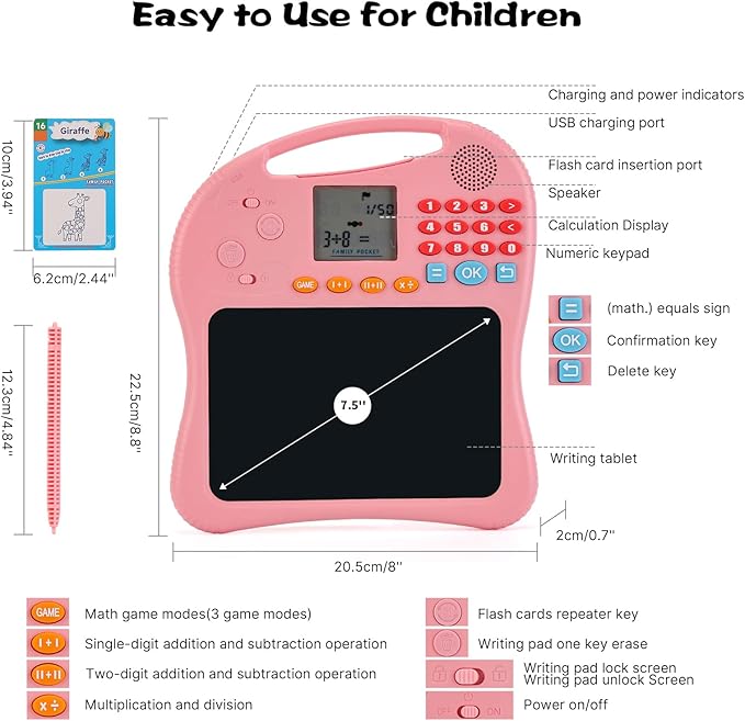 Kids Educational Learning Toys with Math Games,Talking Flash Cards and Writing Drawing Tablet, Speech Therapy Autism Sensory Toys Gifts for Toddler Preschool Activities Boys Girls Ages 3-10 (Pink)