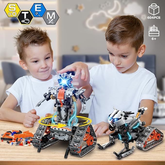 HOGOKIDS 5 in 1 STEM Building Set with LED Light - APP & Remote Controlled Cars Building Toys Kit, RC Robot Tank Sleigh Tracked Racer 604 PCS, Toy Gifts for Kids Boys Girls Ages 6 7 8 9 10 11 12+ Year