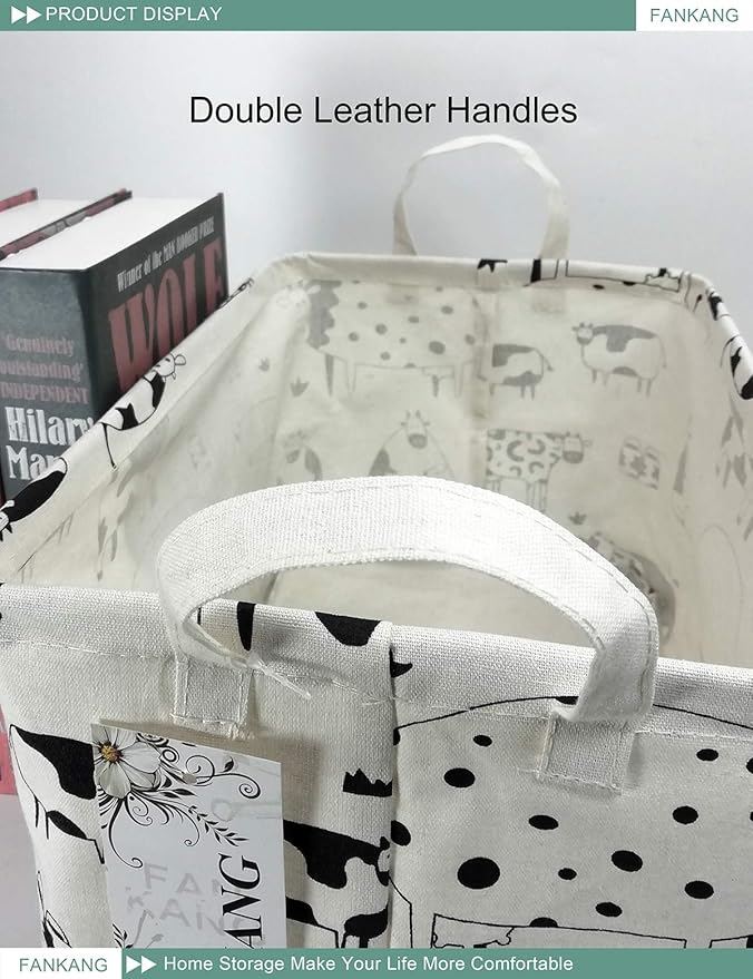FANKANG Storage Basket,Nursery Hamper Canvas Laundry Basket Foldable with Waterproof PE Coating Storage, Office, Bedroom, Clothes,Toys(L, Rec-cows)