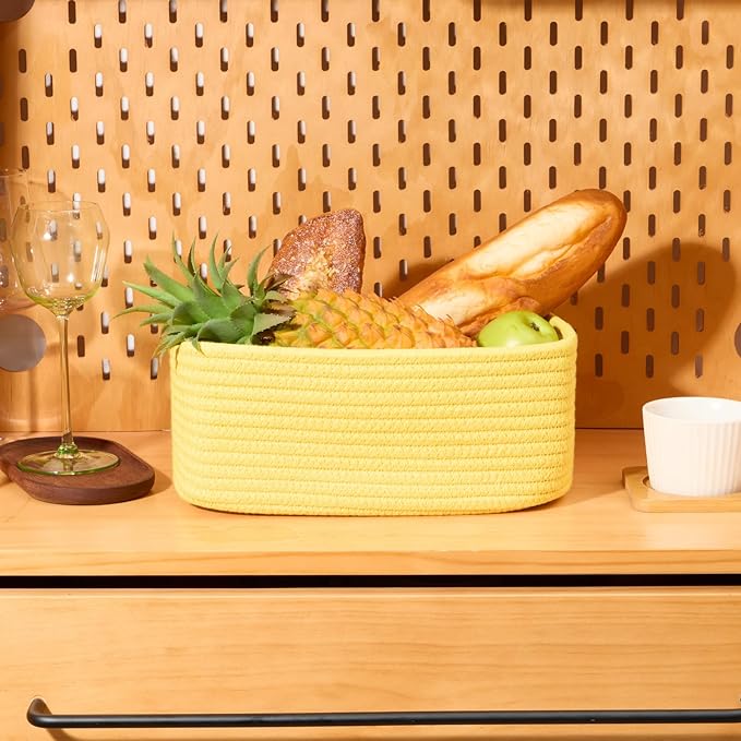 Small Storage Baskets for Organizing | Closet Organizer Bins | Shelf Toy Basket | Woven Rope Baskets | Cube Decorative Box | Shallow Basket | 11.5x7.5x4.7” | 3 Packs Yellow