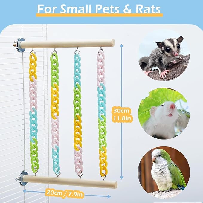 Sugar Glider Climbing Toys, Natural Wood with Sturdy Colorful Chains Hanging Toys Sugar Glider Cage Accessories, Wobble-Free Rat Enrichment Toys for Small Animals and Parrots (1pc)