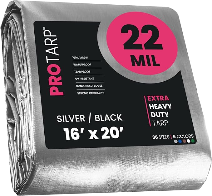 PROTARP Extreme Heavy Duty 22 Mil Tarp Cover, Waterproof, UV Resistant, Rip and Tear Proof, Poly Tarpaulin with Reinforced Edges for Roof, Camping, Patio, Pool, Boat. (Silver/Black 16′ X 20′)