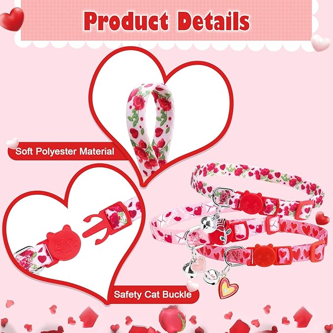 PUPTECK Breakaway Cat Collars with Bell - Pet Collar 3 Pack for Girl Boy Kittens Puppies and Small Pets, Pink Heart Rose