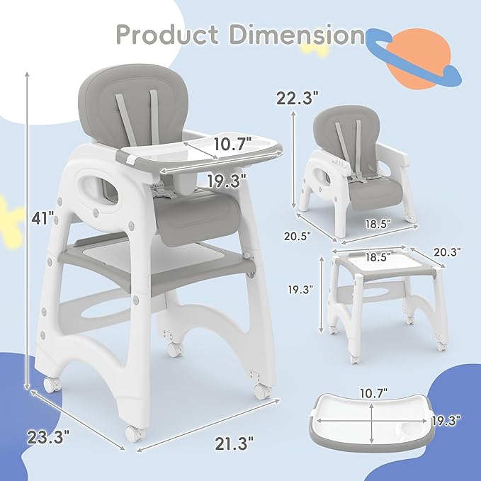 Xilingol 8 in 1 Convertible Baby High Chair W/Wheels, Baby Feeding Chair W/Adjustable Backrest & Removable Dual Tray, Building Block Table & Chair Set, HighChair for Babies & Toddlers (Grey)