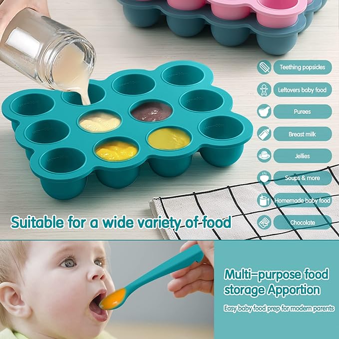 Baby Food Storage 12 x 1.5OZ Silicone Freezer Tray with Lid, Food Grade Silicone Containers for Purees & Vegetables Teal Blue