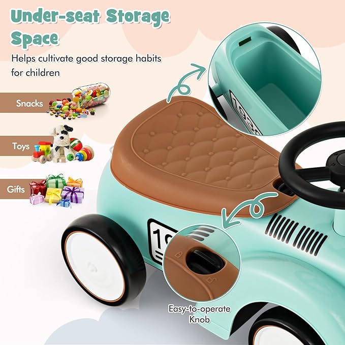 HONEY JOY Ride On Push Car, Outdoor Toddler Riding Toys w/Steering Wheel, Horn & Storage, Foot-to-Floor Sliding Car, No Batteries, Retro Baby Ride On Toys for Boys and Girls (Green)