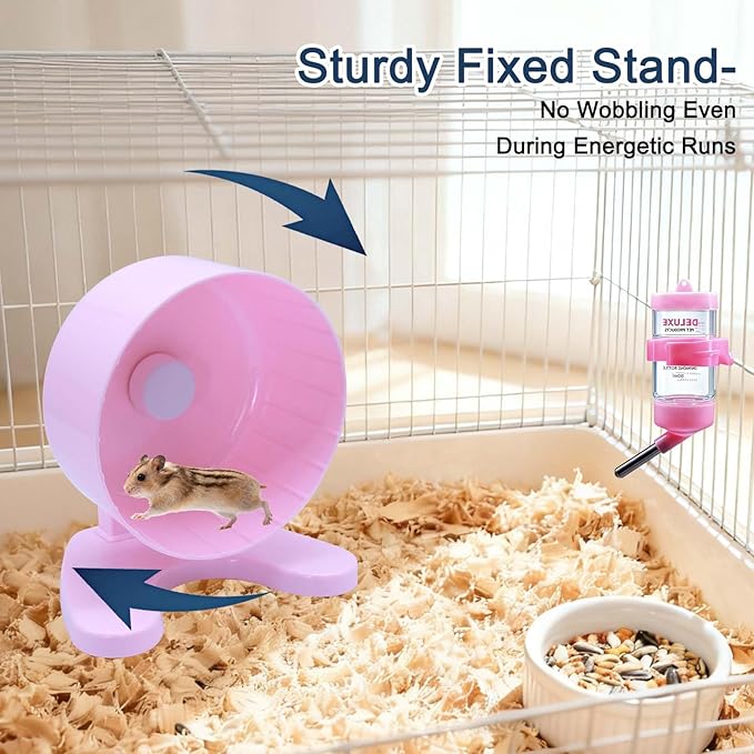 6.5" Super Silent Hamster Wheel with Stand & Water Bottle – Ultra Quiet Exercise Running Wheel for Gerbils, Syrian & Dwarf Hamsters, Chinchillas, Small Pets – Noiseless Spinning Design, Pink