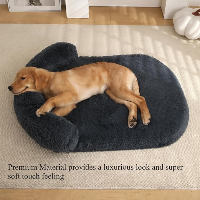 Calming Dog Bed - Fluffy Plush Mat with Removable Washable Cover | Furniture Protector for Large Dogs & Cats(Grey,21.65X15.75X4.33in)