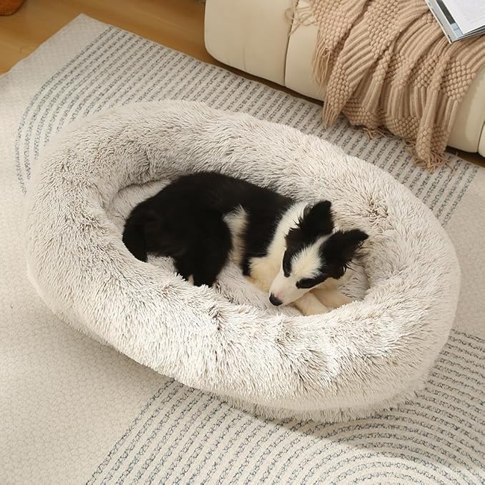 Glow Pups Calming Dog Bed with Memory Foam Nesting Bolster, Ultra-Soft Faux Fur, Removable Fur Cover, Non-Slip Base, Machine Washable, Suitable for All Dog Breeds, Light Grey (29.5" X 21.7" X 7")