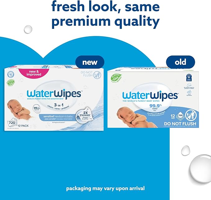 WaterWipes Sensitive+ Newborn & Baby Wipes, 3-In-1 Cleans, Cares, Protects, 99.9% Water, Unscented & Hypoallergenic, 720 Count (12 Packs)