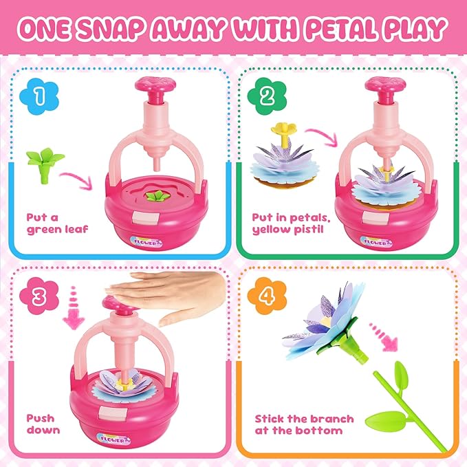 Einailvk Fabric Flower Bouquets Toys, DIY Flower Making Kit for Kids 3 4 5 6 7 8 9 10 11 12 Year Old Girl Birthday Christmas Gift, Art and Crafts Kit Toys for Girls 3-12 Year Old (Pink)