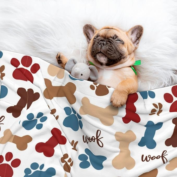 Reversible Dog Blanket for Beds Couches, Dog Bones Paw Prints Cream, Double Sided Cat Blanket with Textured Dot Feel and Smooth Feel for Seasonal Comfort All Year