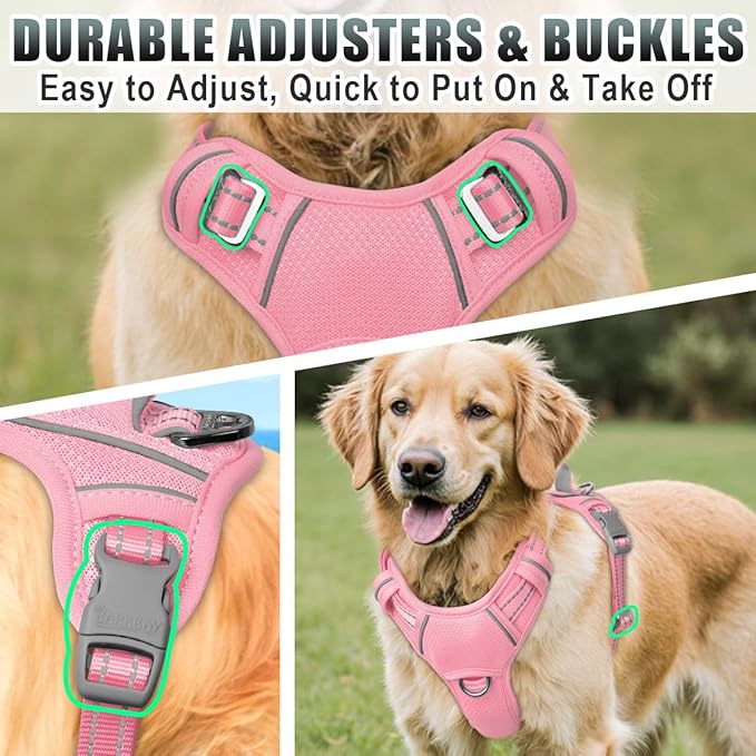 BARKBAY No Pull Dog Harness Large Reflective Dog Harness with Front Clip and Easy Control Handle for Walking Training Running with ID tag Pocket(Baby Pink,XL)