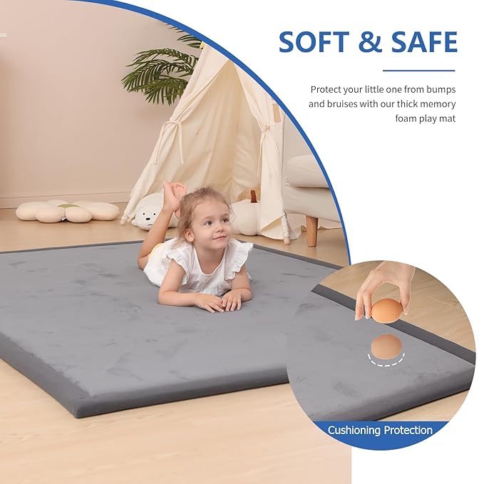 Baby Play Mat for Floor,1.3" Thick Memory foam Tummy Time Mat,Water Repellent Soft Velvet Nursery Rug,Extra Large Non Slip for Crawling,Toddlers,Infants,kids,Tatami Style for Living Room(Dark Grey)
