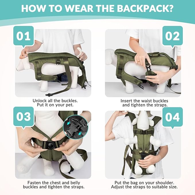 Dog Carrier Backpacks, Adjustable Dog Backpack Carrier, Legs Out Easy-fit Dog Chest Carrier for Medium Small Dogs, Hands Free Dog Front Carrier for Hiking, Cycling（Green L）