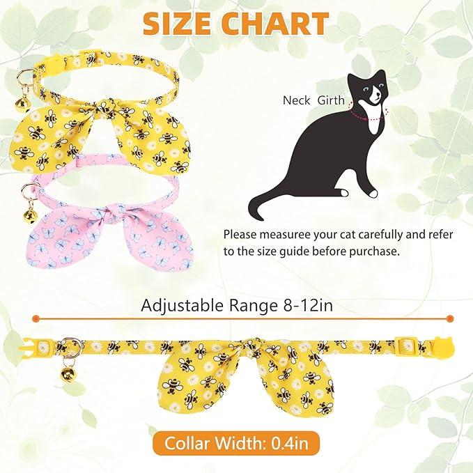 KOOLTAIL Spring Cat Collar Breakaway with Bowtie and Bells, 2 Pack Cute Kitten Collars, Butterfly & Bee Design with Safety Buckle Adjustable for Small Large Cats Boys & Girls