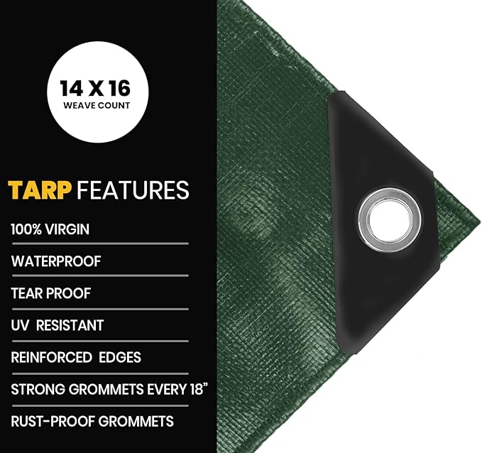 PROTARP Extra Heavy Duty 16 Mil Tarp Cover, Waterproof, UV Resistant, Rip and Tear Proof, Poly Tarpaulin with Reinforced Edges for Roof, Camping, Patio, Pool, Boat. (Green/Black 12′ X 25′)