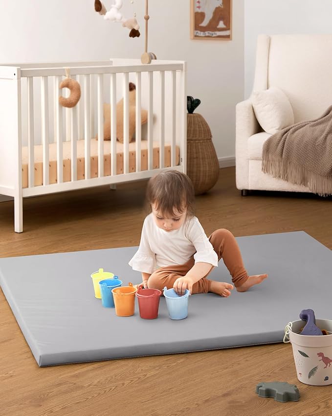 Blissful Diary Vegan Leather Baby Play Mat, 50x50 Thicken Foam Cushioned & Waterproof Playpen Mat for Infants and Toddlers, Stylish and Just Wipe-Clean Playmat for Baby Play on Floor, Light Gray