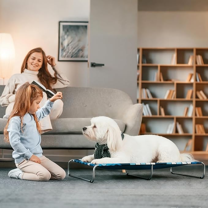Elevated Dog Bed for Small Dogs 40lb,Breathable Cooling Raised Washable Dog Cot,Metal Frame, No-Slip Feet,Polyester Cotton,Indoor/Outdoor Pet Bed,28 * 22 * 7in, Clover Ocean Blue
