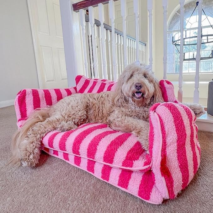 Lazy Holiday Plush Cozy Dog & Cat Sofa Bed, Teddy Velvet Dog Bed, Trendy Striped Faux Lambswool Double Layer Dog & Cat Sofa Bed Dogs Sleeping Mat for Medium Small Dogs & Cats (Beige,L)