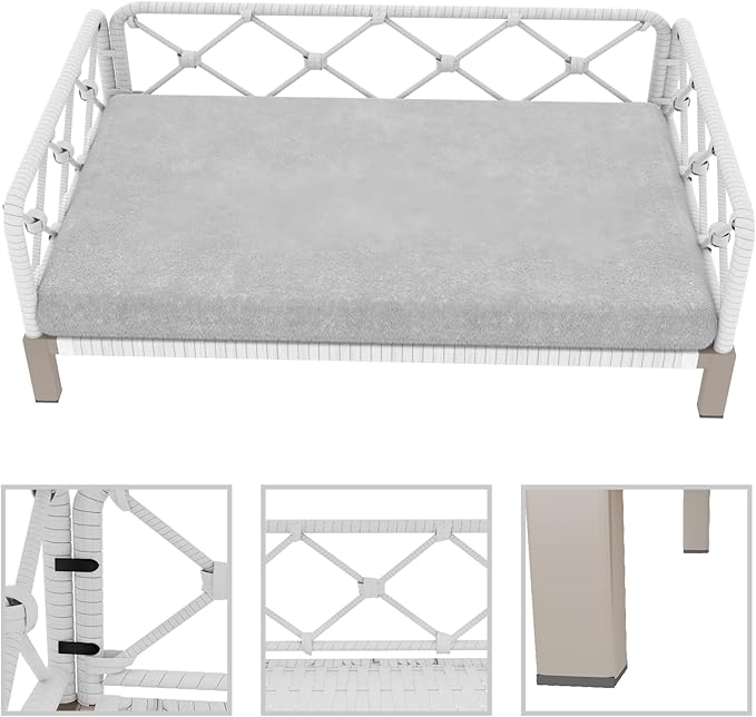Dog Sofa Bed, Elevated Dog Couch with Washable Removable Gray Cushion, Rattan White Wicker Orthopedic Raised Pet Sofa for Outdoor, Indoor