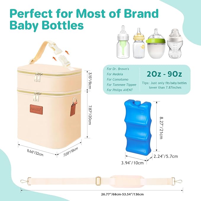 PIIOSER Breastmilk Cooler Bag with Ice Pack Fits 6 Baby Bottles Up to 9 Ounce, Insulated Baby Bottle Tote Bags, Double Layer Waterproof Leak-Proof with Shoulder Strap for Nursing & Working Mom (Cream)