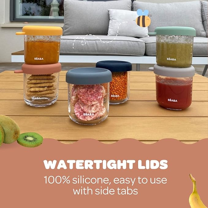 BEABA 8 oz Glass Baby Food Jars with Soft Silicone Air Tight Lids, Glass Storage Containers with Lids, Microwave and Freezer Safe Containers, Mineral