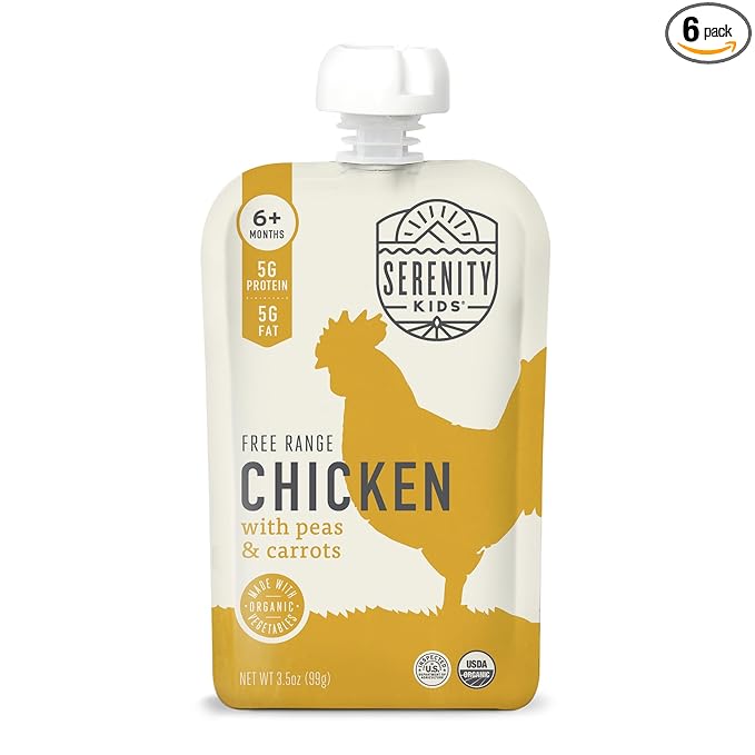 Serenity Kids 6+ Months Baby Food Pouches Chicken Puree - BPA-Free Organic Baby Food - Free-Range Chicken & Pea & Carrot - 3.5 Oz, 6 Pack