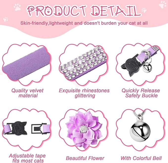 Cat Collars,Rhinestone for Girl Cats Bling Kitten Flower Adjustable Breakaway Collar with Bell Soft Velvet Leather Collar for Puppy Small Dogs (Red)