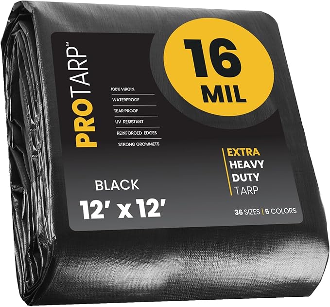 PROTARP Extra Heavy Duty 16 Mil Tarp Cover, Waterproof, UV Resistant, Rip and Tear Proof, Poly Tarpaulin with Reinforced Edges for Roof, Camping, Patio, Pool, Boat. (Black 12′ X 12′)