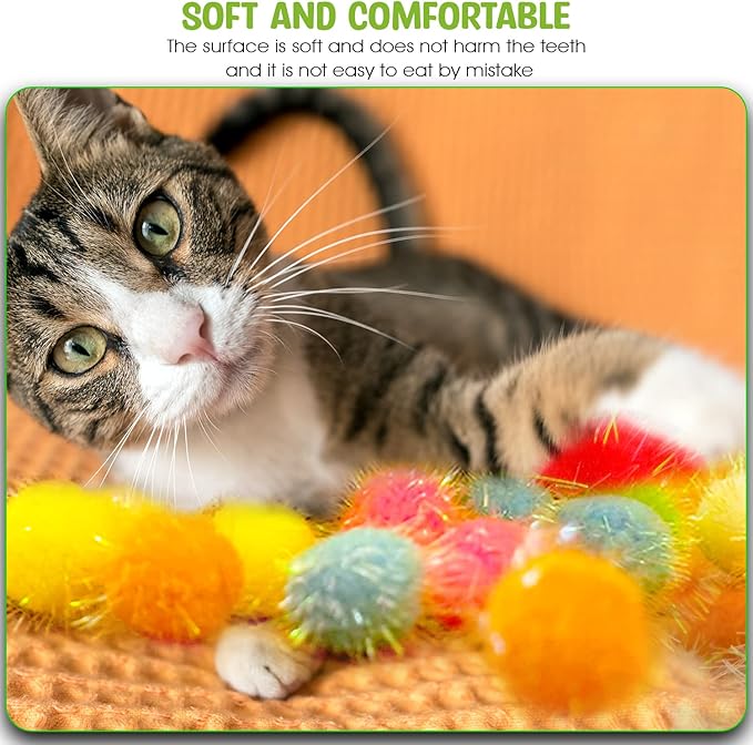 30 Pieces 1.6 inches Sparkle Pom Pom Balls for Cat - Interactive Glitter Balls, Multicolor, Best as Kitten Play Toys