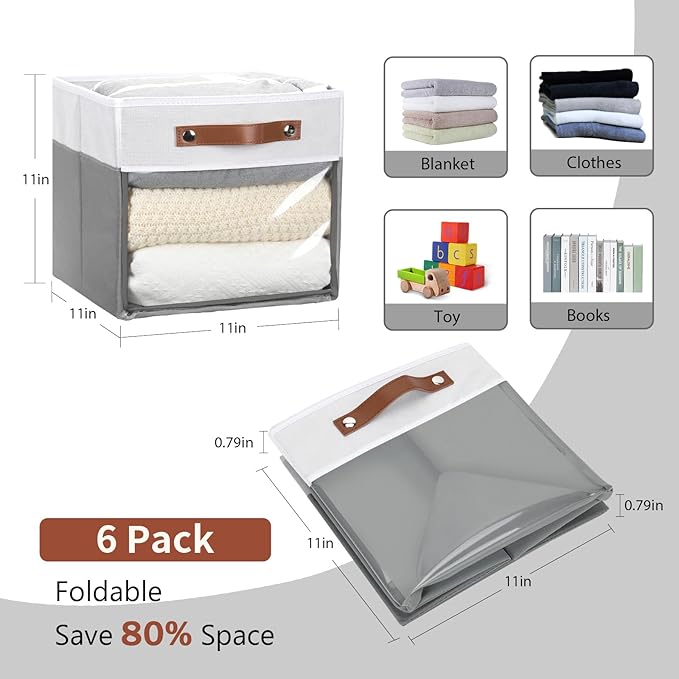 HNZIGE 11x11 Cube Storage Bins for Cube Organizer, Clear Fabric Storage Cubes for Storage Shelves, Collapsible Decorative Storage Bins for Clothes Closet Toys Cubby Storage Bin(White Gray 6 PCS