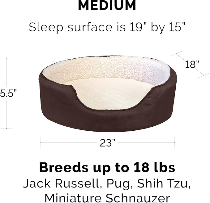 Furhaven Orthopedic Dog Bed for Medium/Small Dogs w/ Removable Washable Cover, For Dogs Up to 18 lbs - Sherpa & Suede Oval Lounger - Espresso, Medium