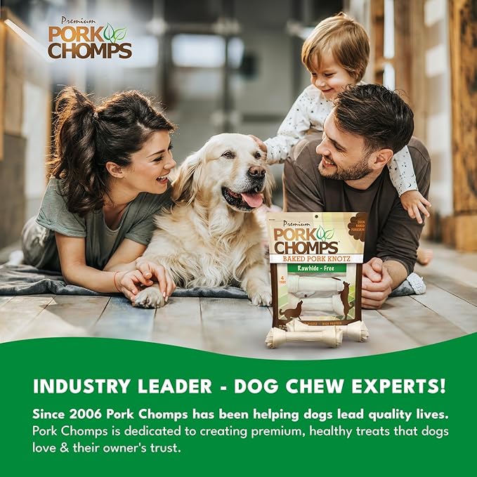 Pork Chomps Baked Pork Skin Dog Chews, 11 Inch Knots, 4 Count, 1 Pack - Long-Lasting Treats for Dogs - High Protein, Rawhide-Free, Low Fat, Healthy & Delicious Chews